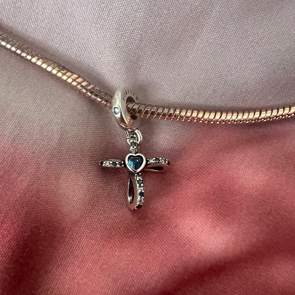 Silver & Blue Sparkle Dangle Cross Charm For Pandora Braclets - Picture 5 of 5